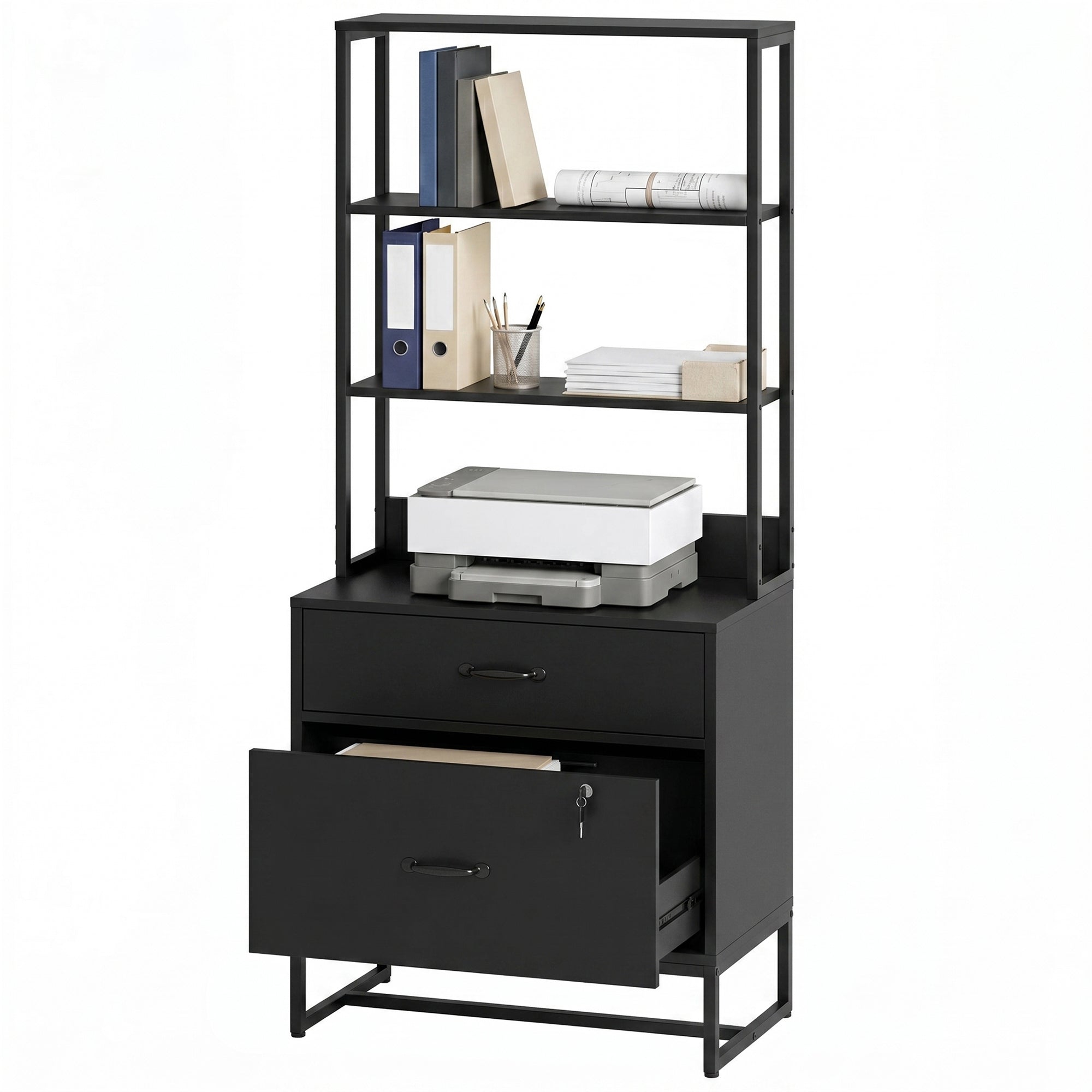 Filing Cabinet Office Storage with Bookshelf for A4, Letter & Legal Files, 2 Drawers, Printer Stand, Black