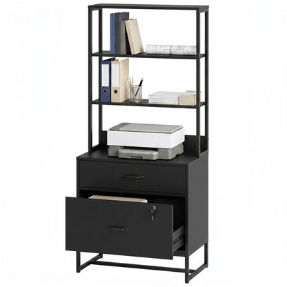 Filing Cabinet Office Storage with Bookshelf for A4, Letter & Legal Files, 2 Drawers, Printer Stand, Black