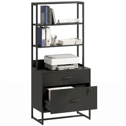 Filing Cabinet Office Storage with Bookshelf for A4, Letter & Legal Files, 2 Drawers, Printer Stand, Black