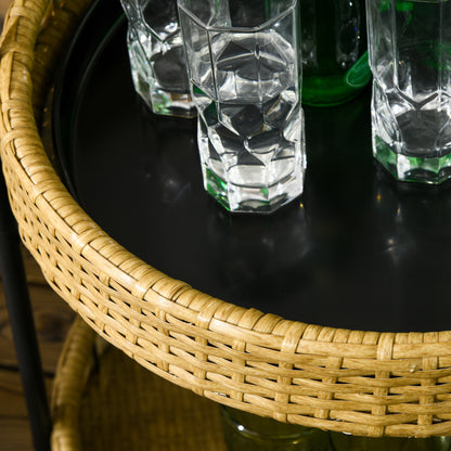 Rattan Trolley Serving Cart with 2 Shelves, Garden Rolling Cart, Round Kitchen Cart with Handles, Outdoor Bar Cart for Balcony, Steel Frame, Natural, Φ50 x 66 cm