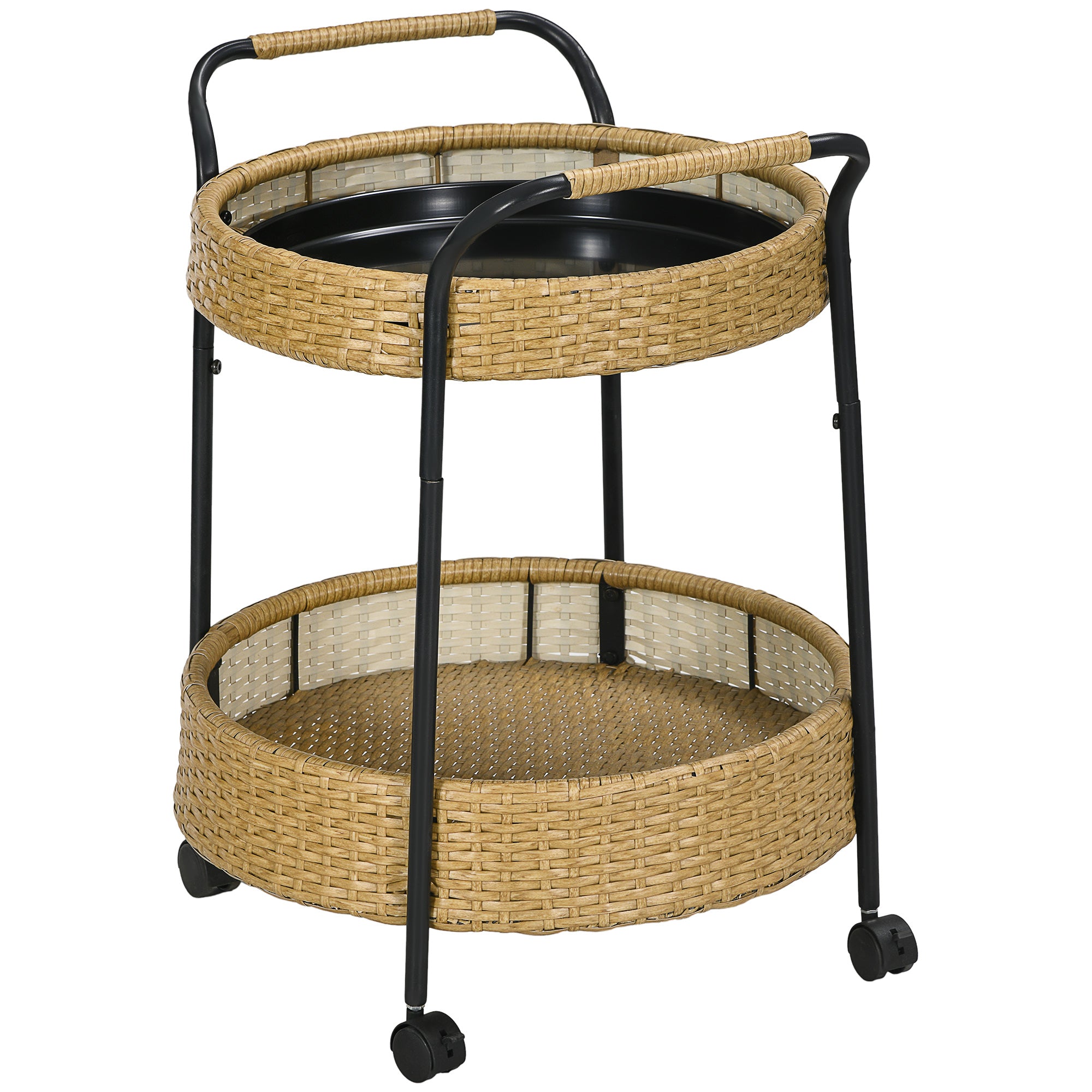 Rattan Trolley Serving Cart with 2 Shelves, Garden Rolling Cart, Round Kitchen Cart with Handles, Outdoor Bar Cart for Balcony, Steel Frame, Natural, Φ50 x 66 cm