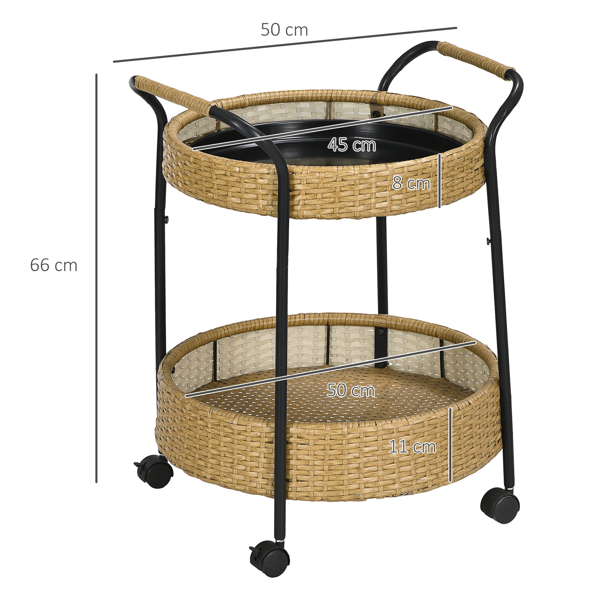 Rattan Trolley Serving Cart with 2 Shelves, Garden Rolling Cart, Round Kitchen Cart with Handles, Outdoor Bar Cart for Balcony, Steel Frame, Natural, Φ50 x 66 cm