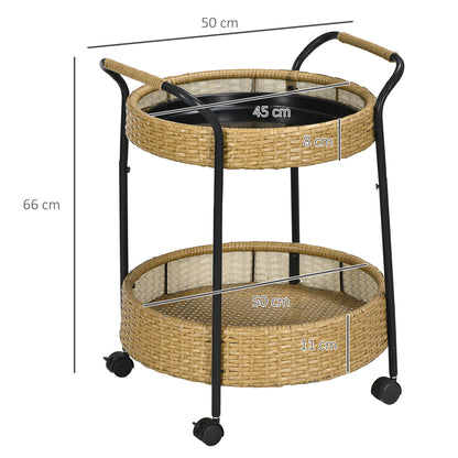 Rattan Trolley Serving Cart with 2 Shelves, Garden Rolling Cart, Round Kitchen Cart with Handles, Outdoor Bar Cart for Balcony, Steel Frame, Natural, Φ50 x 66 cm
