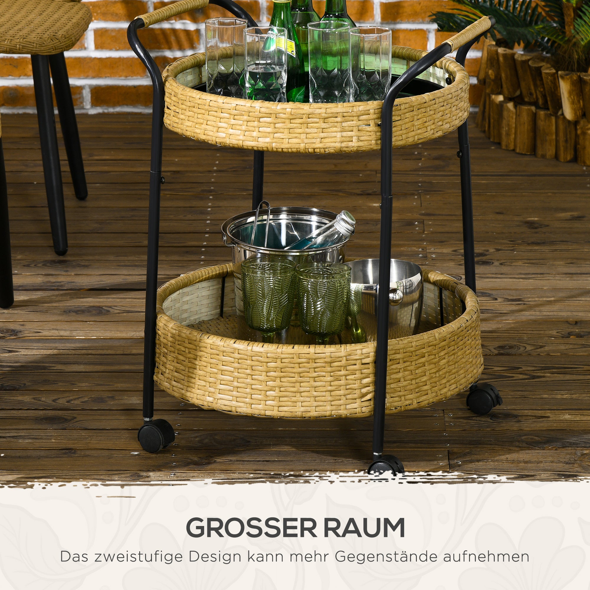Rattan Trolley Serving Cart with 2 Shelves, Garden Rolling Cart, Round Kitchen Cart with Handles, Outdoor Bar Cart for Balcony, Steel Frame, Natural, Φ50 x 66 cm