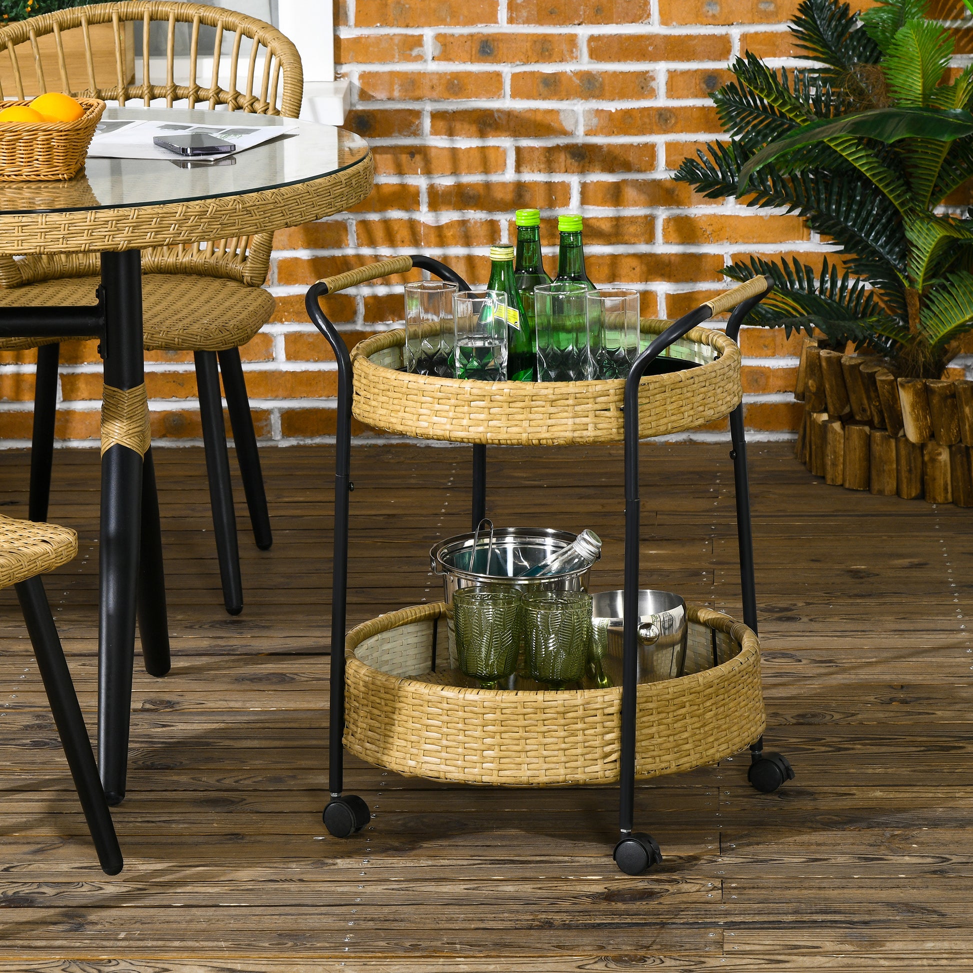 Rattan Trolley Serving Cart with 2 Shelves, Garden Rolling Cart, Round Kitchen Cart with Handles, Outdoor Bar Cart for Balcony, Steel Frame, Natural, Φ50 x 66 cm