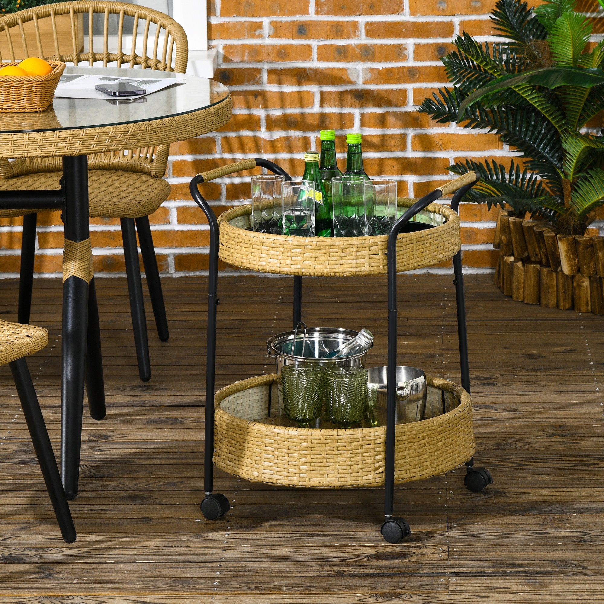 Rattan Trolley Serving Cart with 2 Shelves, Garden Rolling Cart, Round Kitchen Cart with Handles, Outdoor Bar Cart for Balcony, Steel Frame, Natural, Φ50 x 66 cm