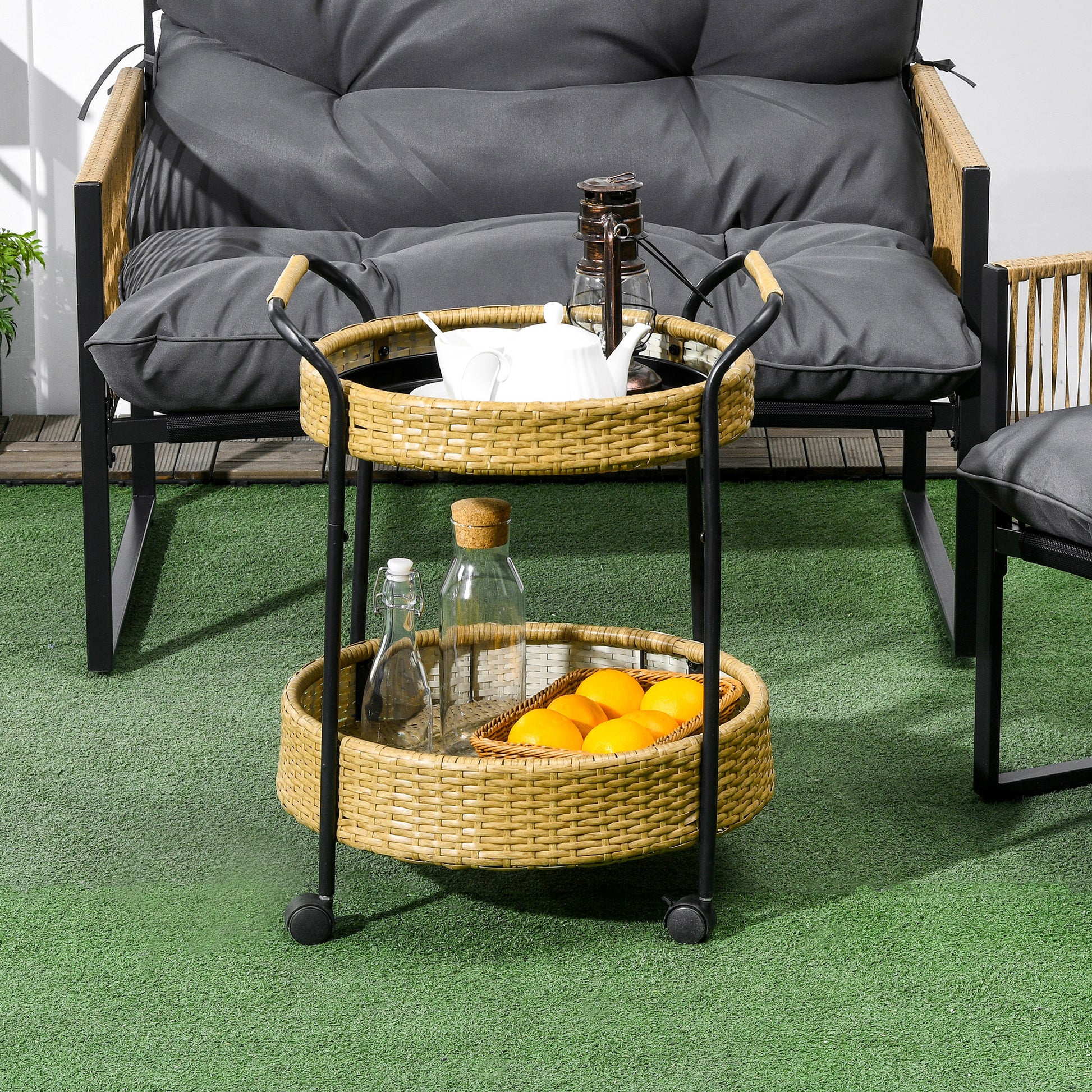 Rattan Trolley Serving Cart with 2 Shelves, Garden Rolling Cart, Round Kitchen Cart with Handles, Outdoor Bar Cart for Balcony, Steel Frame, Natural, Φ50 x 66 cm