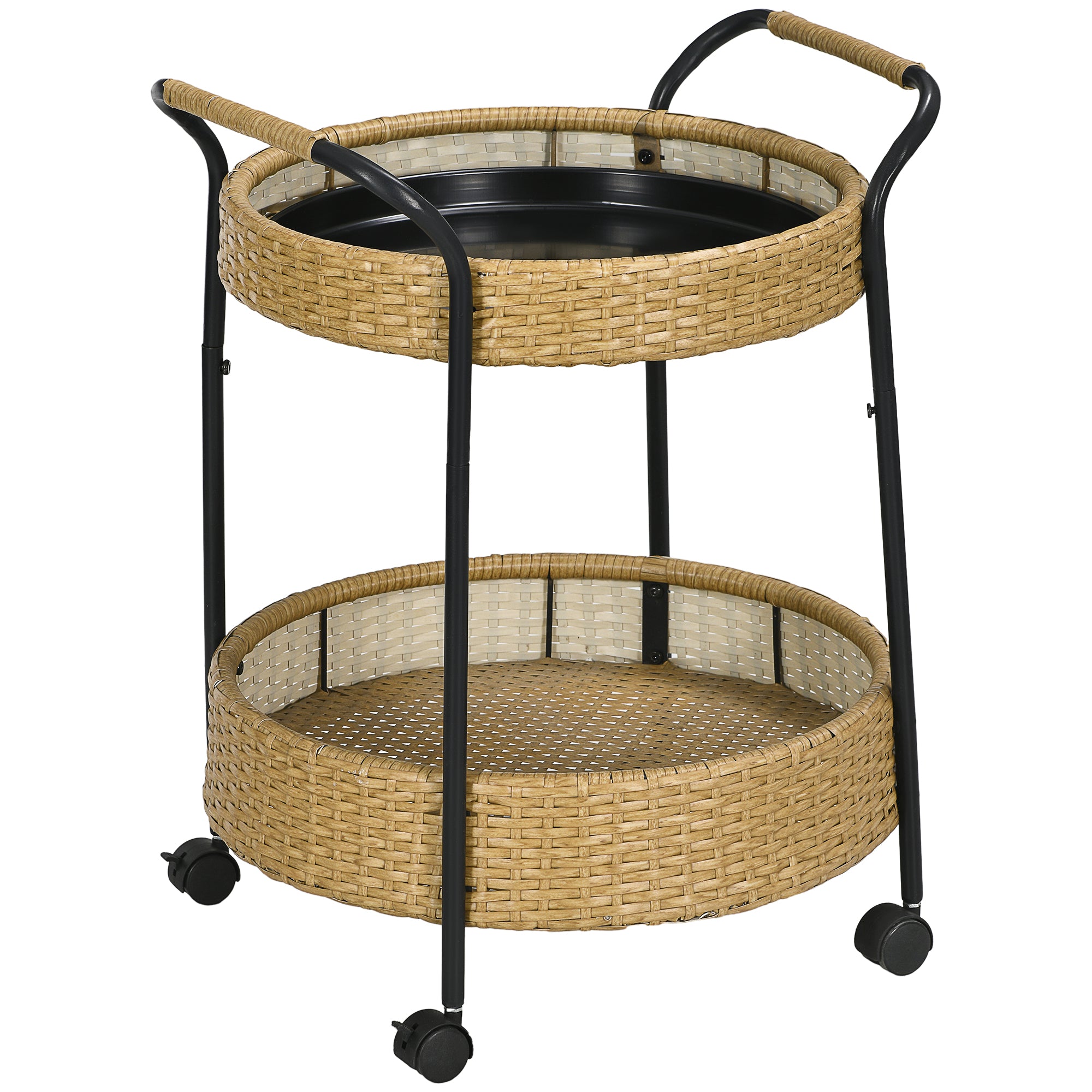 Rattan Trolley Serving Cart with 2 Shelves, Garden Rolling Cart, Round Kitchen Cart with Handles, Outdoor Bar Cart for Balcony, Steel Frame, Natural, Φ50 x 66 cm