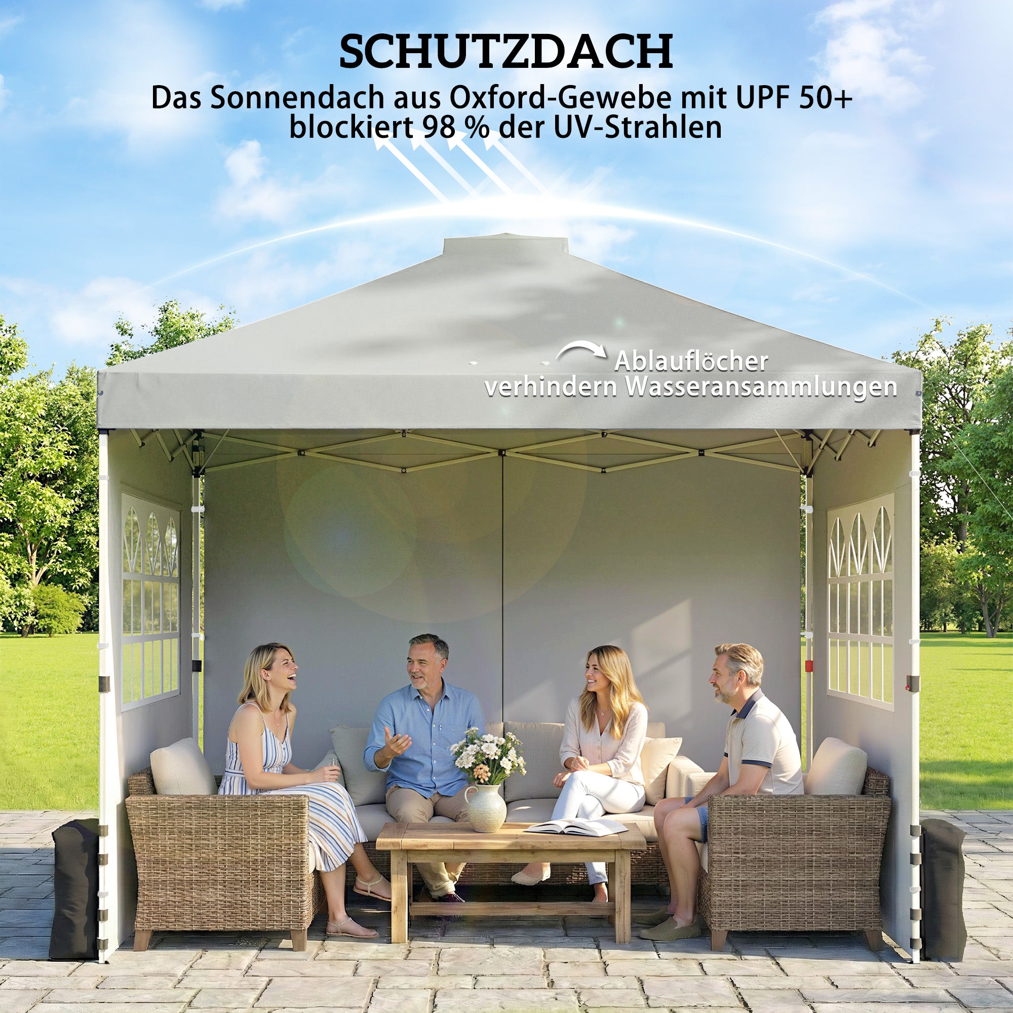 10'x10' Waterproof Height-Adjustable Pop-Up Canopy — 3 Sidewalls, Windows & Vents, UV50+, Folding Party Tent with Rolling Carry Bag, Light Gray