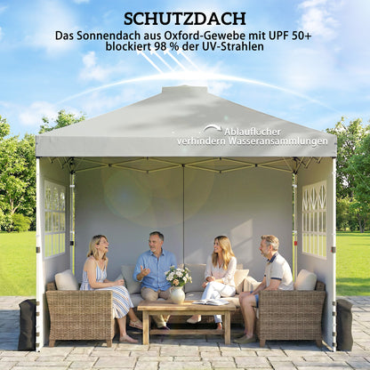 10'x10' Waterproof Height-Adjustable Pop-Up Canopy — 3 Sidewalls, Windows & Vents, UV50+, Folding Party Tent with Rolling Carry Bag, Light Gray