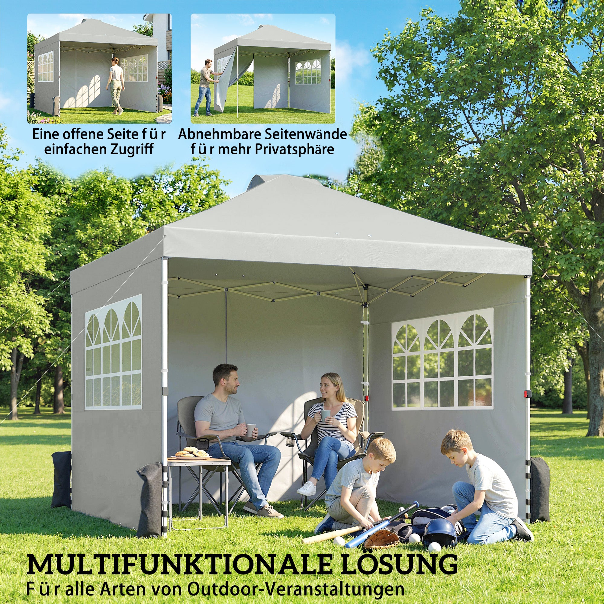 10'x10' Waterproof Height-Adjustable Pop-Up Canopy — 3 Sidewalls, Windows & Vents, UV50+, Folding Party Tent with Rolling Carry Bag, Light Gray