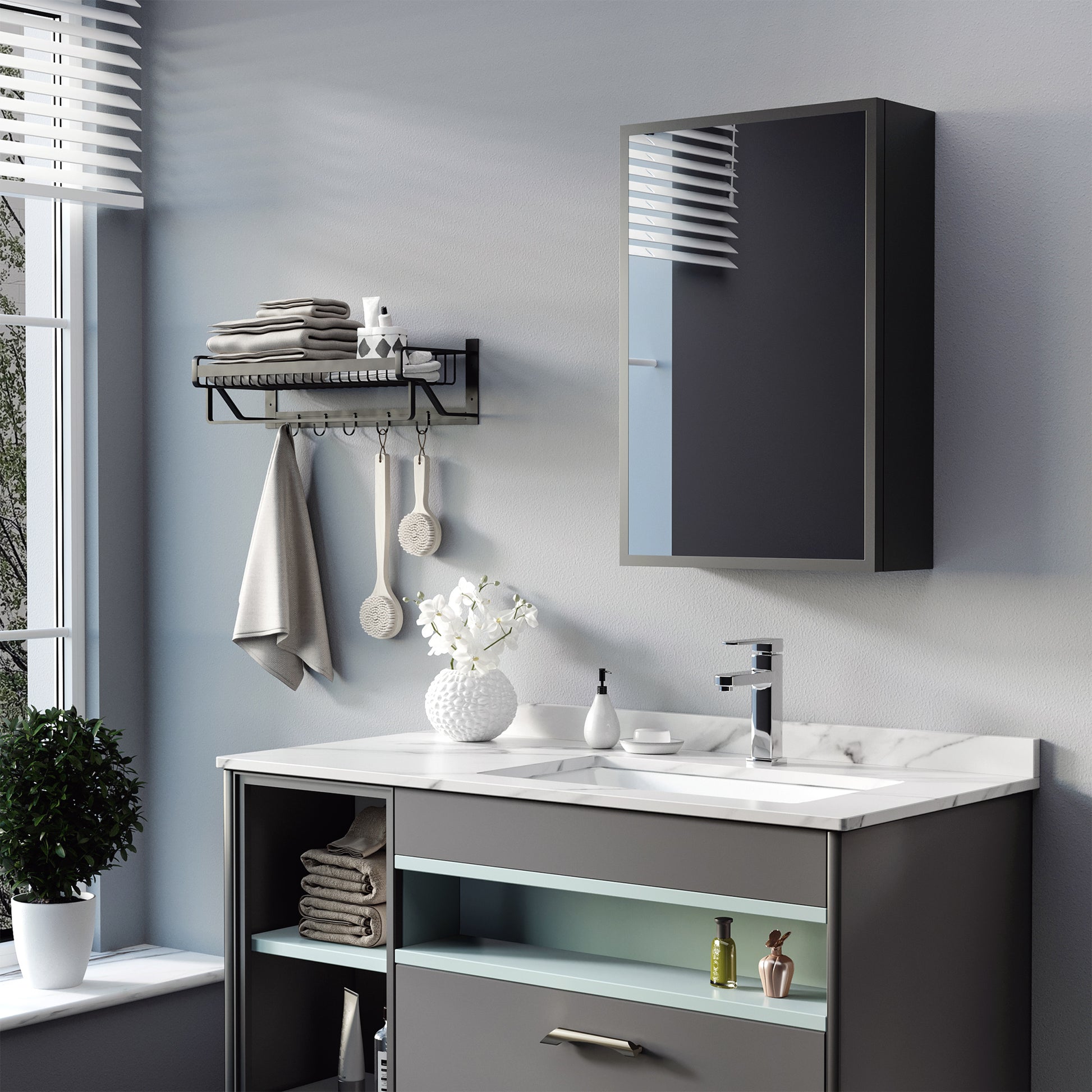 Bathroom Mirror Cabinet, Bathroom Cabinet with Mirror Door, Wall Cabinet Hanging Cabinet, Black, 40 x 15 x 60 cm