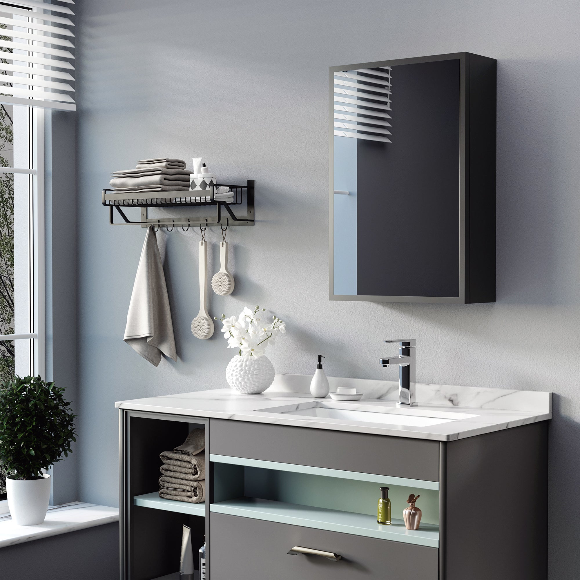 Bathroom Mirror Cabinet, Bathroom Cabinet with Mirror Door, Wall Cabinet Hanging Cabinet, Black, 40 x 15 x 60 cm