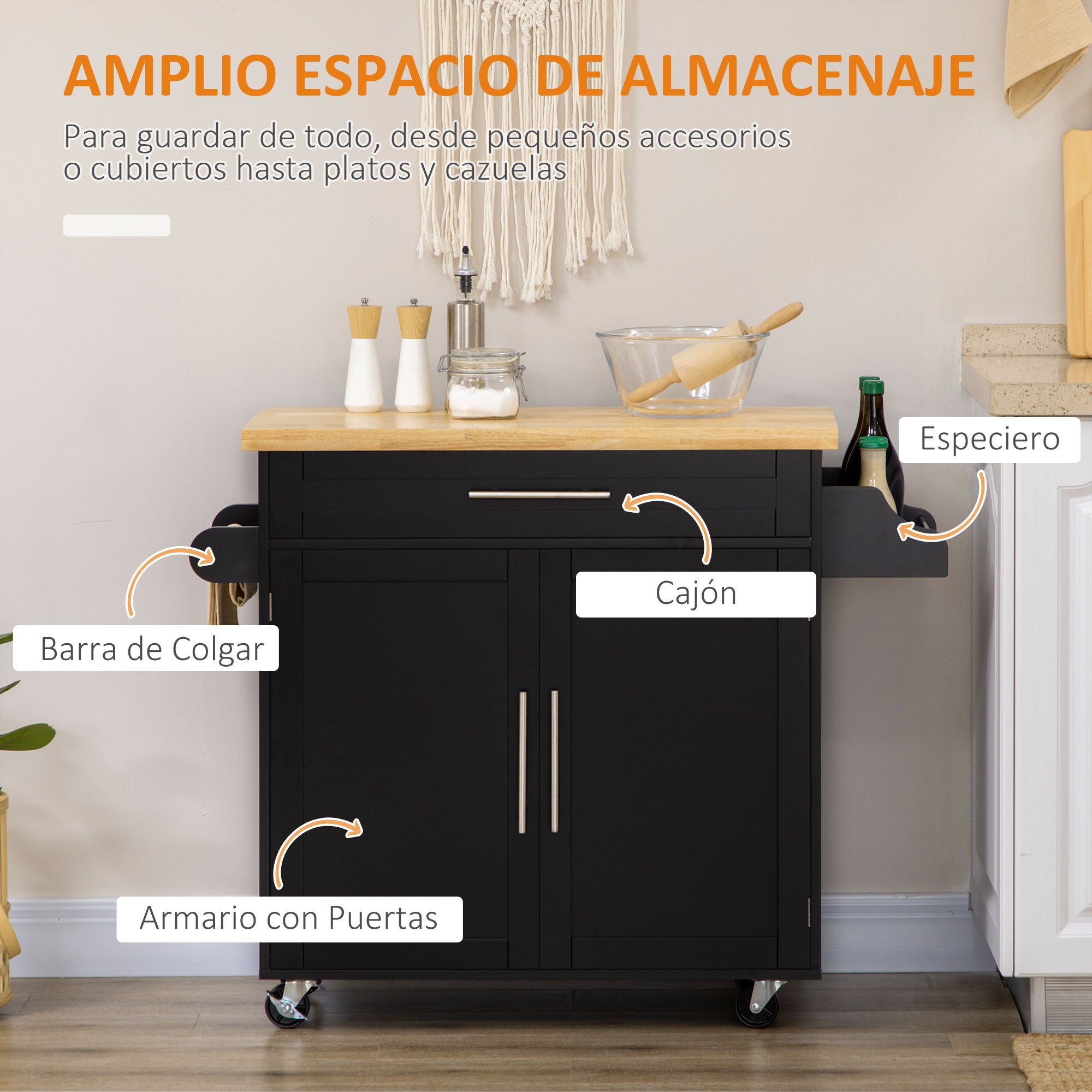 Kitchen Cart with Cabinet with Doors and Adjustable Interior Shelf Drawer Hanging Bar and Spice Rack Mobile Sideboard with Wheels for Dining Room 109x40x89 cm Black
