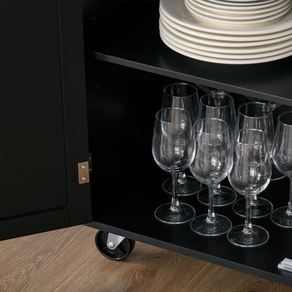 Kitchen Cart with Cabinet with Doors and Adjustable Interior Shelf Drawer Hanging Bar and Spice Rack Mobile Sideboard with Wheels for Dining Room 109x40x89 cm Black