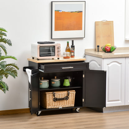 Kitchen Cart with Cabinet with Doors and Adjustable Interior Shelf Drawer Hanging Bar and Spice Rack Mobile Sideboard with Wheels for Dining Room 109x40x89 cm Black