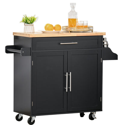 Kitchen Cart with Cabinet with Doors and Adjustable Interior Shelf Drawer Hanging Bar and Spice Rack Mobile Sideboard with Wheels for Dining Room 109x40x89 cm Black
