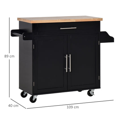 Kitchen Cart with Cabinet with Doors and Adjustable Interior Shelf Drawer Hanging Bar and Spice Rack Mobile Sideboard with Wheels for Dining Room 109x40x89 cm Black