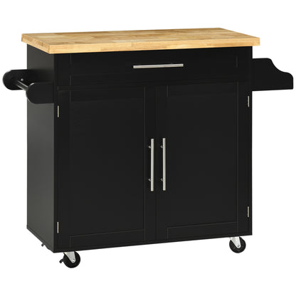 Kitchen Cart with Cabinet with Doors and Adjustable Interior Shelf Drawer Hanging Bar and Spice Rack Mobile Sideboard with Wheels for Dining Room 109x40x89 cm Black