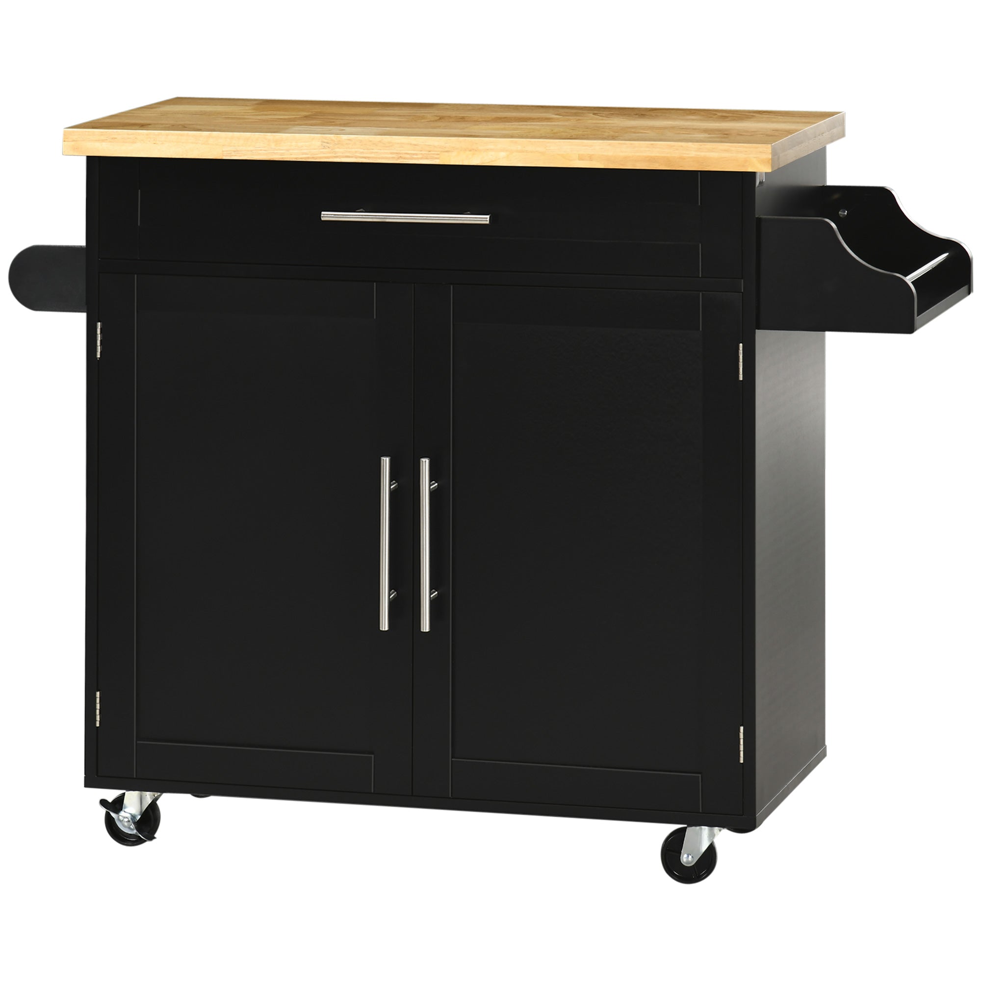 Kitchen Cart with Cabinet with Doors and Adjustable Interior Shelf Drawer Hanging Bar and Spice Rack Mobile Sideboard with Wheels for Dining Room 109x40x89 cm Black