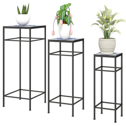 3-Piece Plant Stand, 71 cm Tall Flower Stand for Indoor, Metal Plant Shelf, 3 Different Sized Flower Rack, Flower Stool, Flower Pot Stand for Living Room Garden Balcony Blue+White