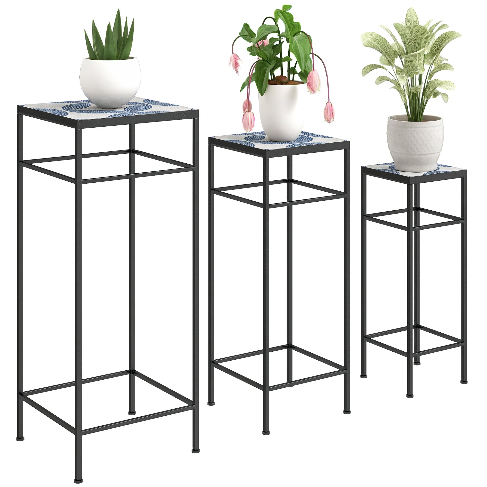 3-Piece Plant Stand, 71 cm Tall Flower Stand for Indoor, Metal Plant Shelf, 3 Different Sized Flower Rack, Flower Stool, Flower Pot Stand for Living Room Garden Balcony Blue+White