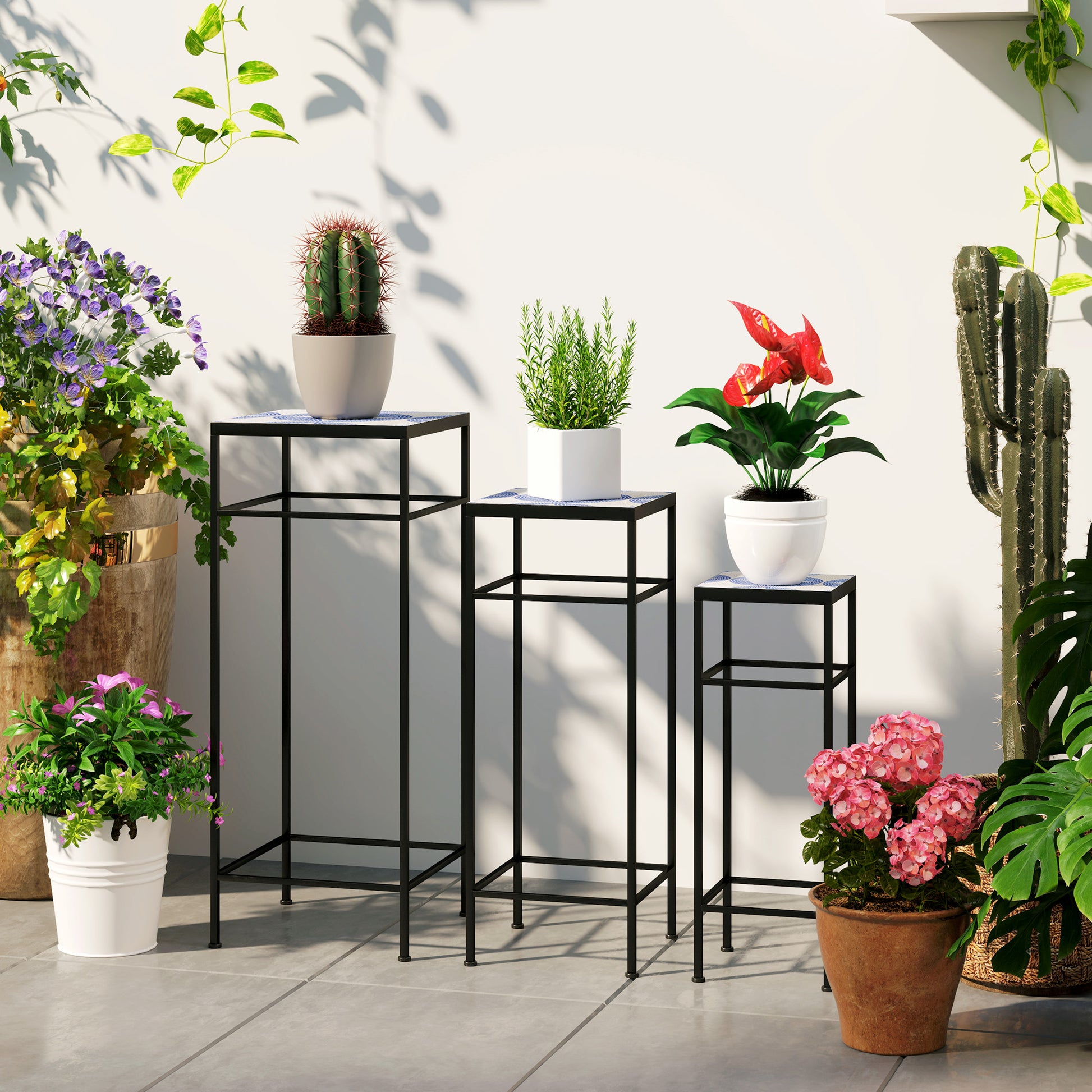 3-Piece Plant Stand, 71 cm Tall Flower Stand for Indoor, Metal Plant Shelf, 3 Different Sized Flower Rack, Flower Stool, Flower Pot Stand for Living Room Garden Balcony Blue+White