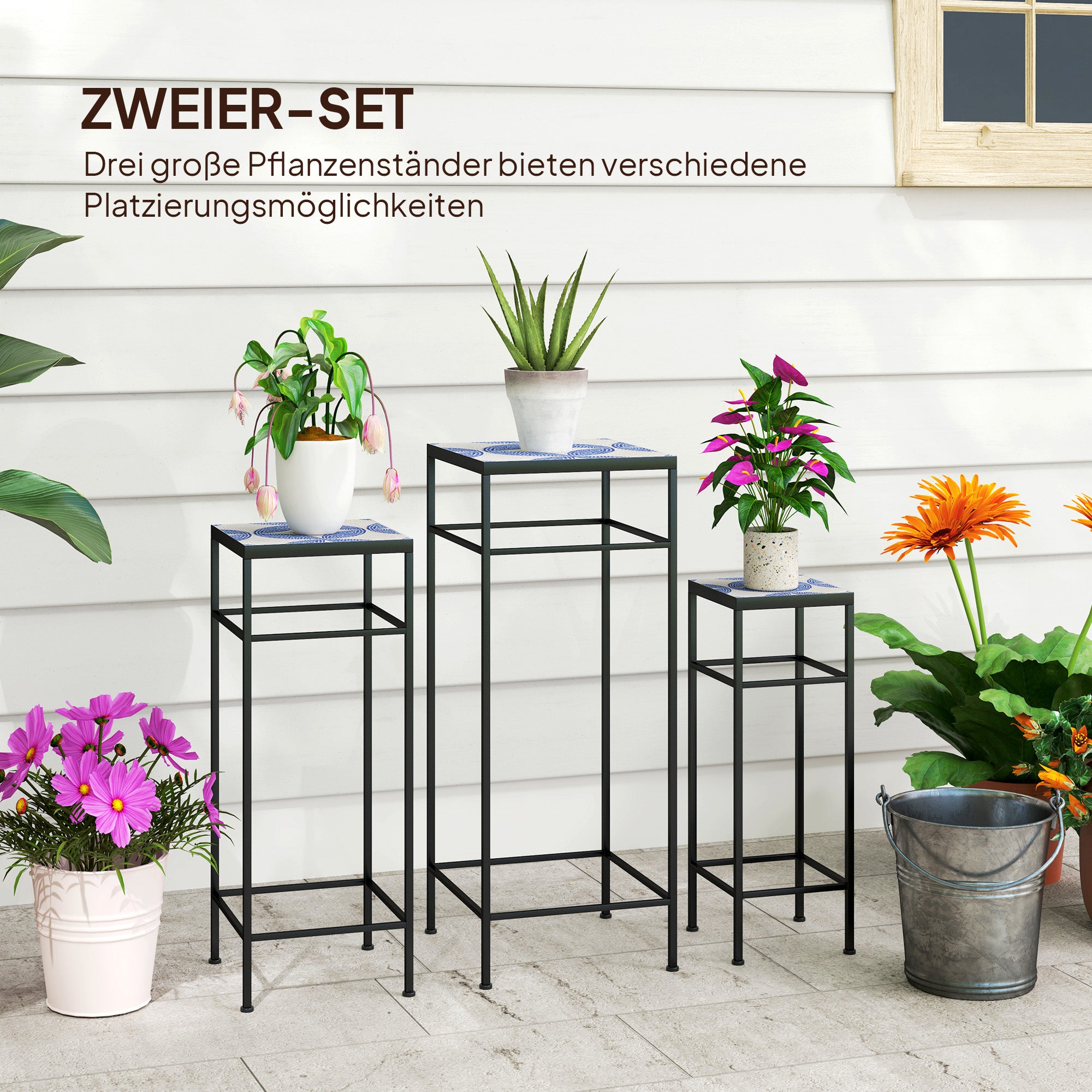 3-Piece Plant Stand, 71 cm Tall Flower Stand for Indoor, Metal Plant Shelf, 3 Different Sized Flower Rack, Flower Stool, Flower Pot Stand for Living Room Garden Balcony Blue+White