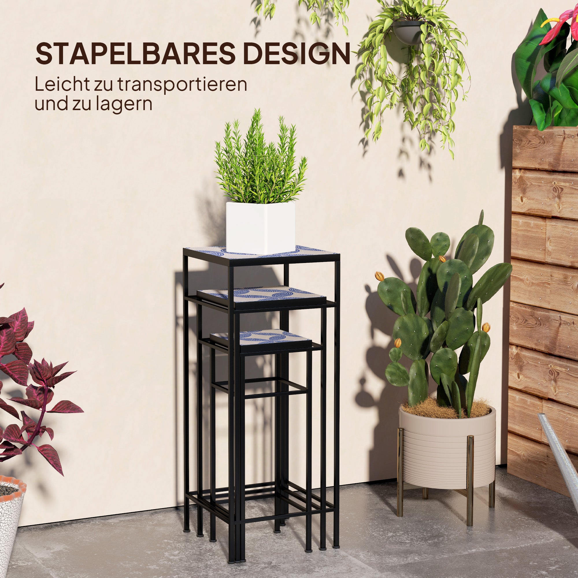 3-Piece Plant Stand, 71 cm Tall Flower Stand for Indoor, Metal Plant Shelf, 3 Different Sized Flower Rack, Flower Stool, Flower Pot Stand for Living Room Garden Balcony Blue+White