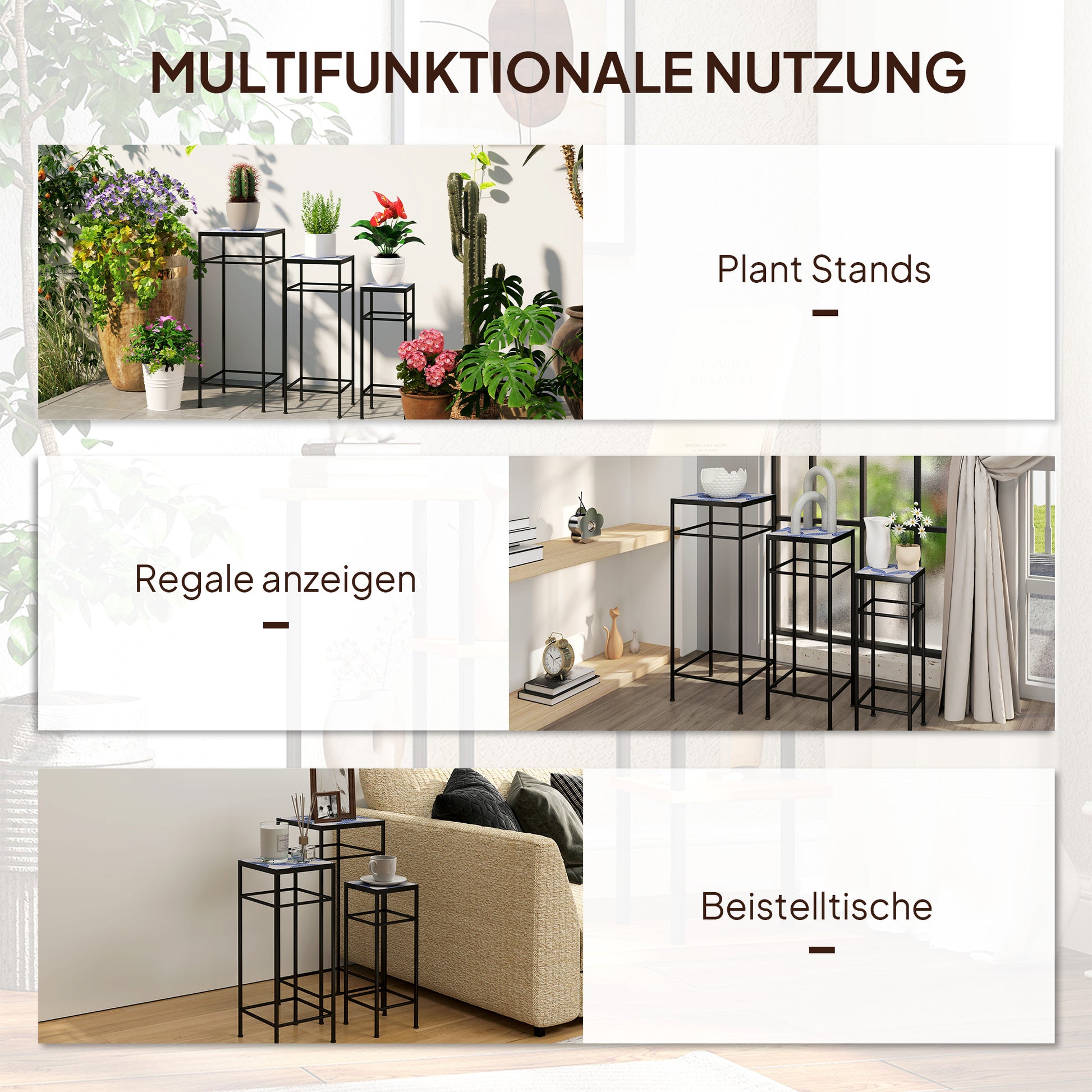 3-Piece Plant Stand, 71 cm Tall Flower Stand for Indoor, Metal Plant Shelf, 3 Different Sized Flower Rack, Flower Stool, Flower Pot Stand for Living Room Garden Balcony Blue+White