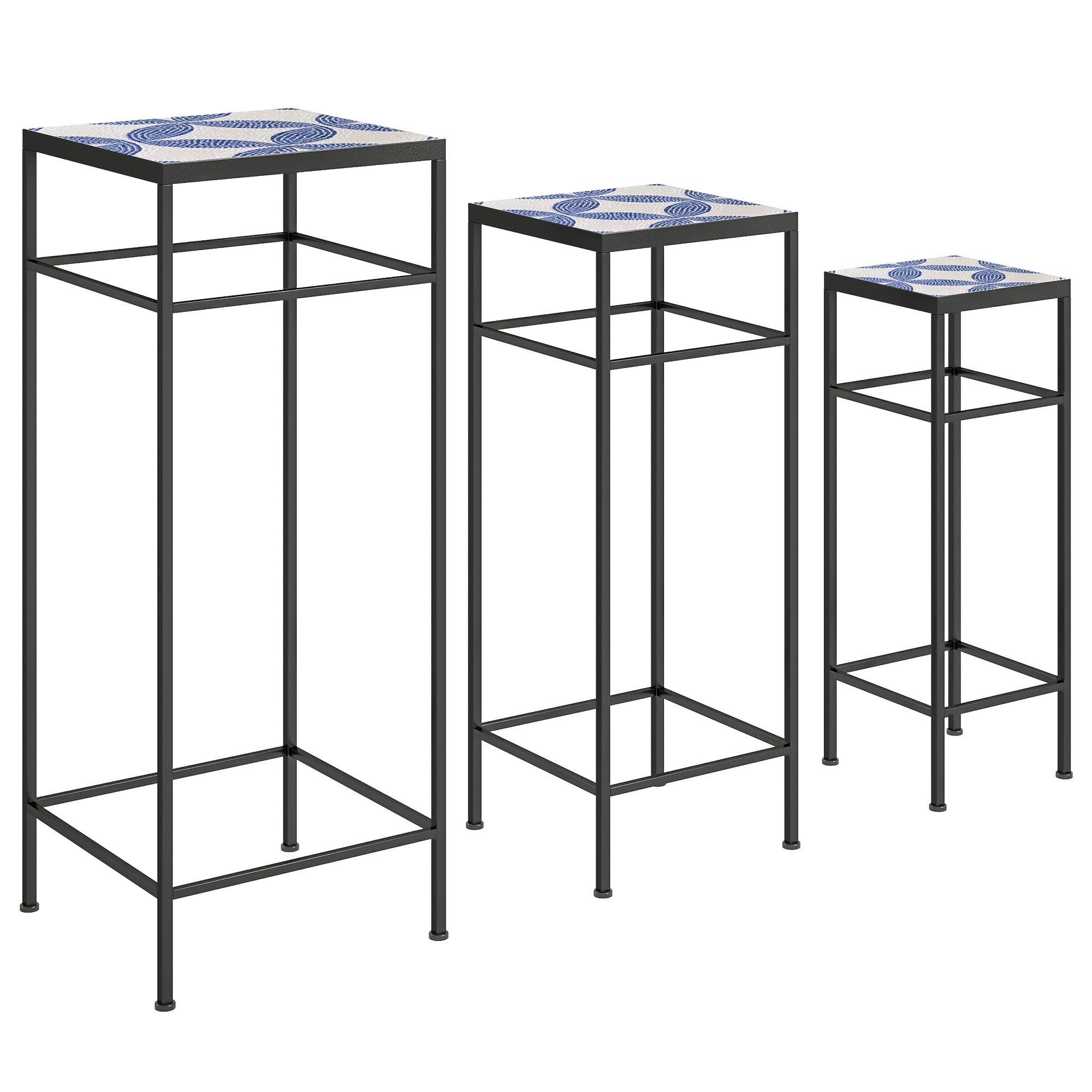 3-Piece Plant Stand, 71 cm Tall Flower Stand for Indoor, Metal Plant Shelf, 3 Different Sized Flower Rack, Flower Stool, Flower Pot Stand for Living Room Garden Balcony Blue+White