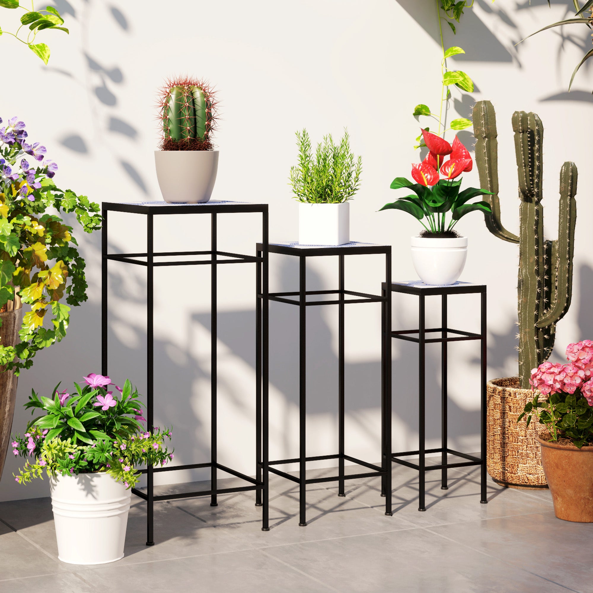 3-Piece Plant Stand, 71 cm Tall Flower Stand for Indoor, Metal Plant Shelf, 3 Different Sized Flower Rack, Flower Stool, Flower Pot Stand for Living Room Garden Balcony Blue+White