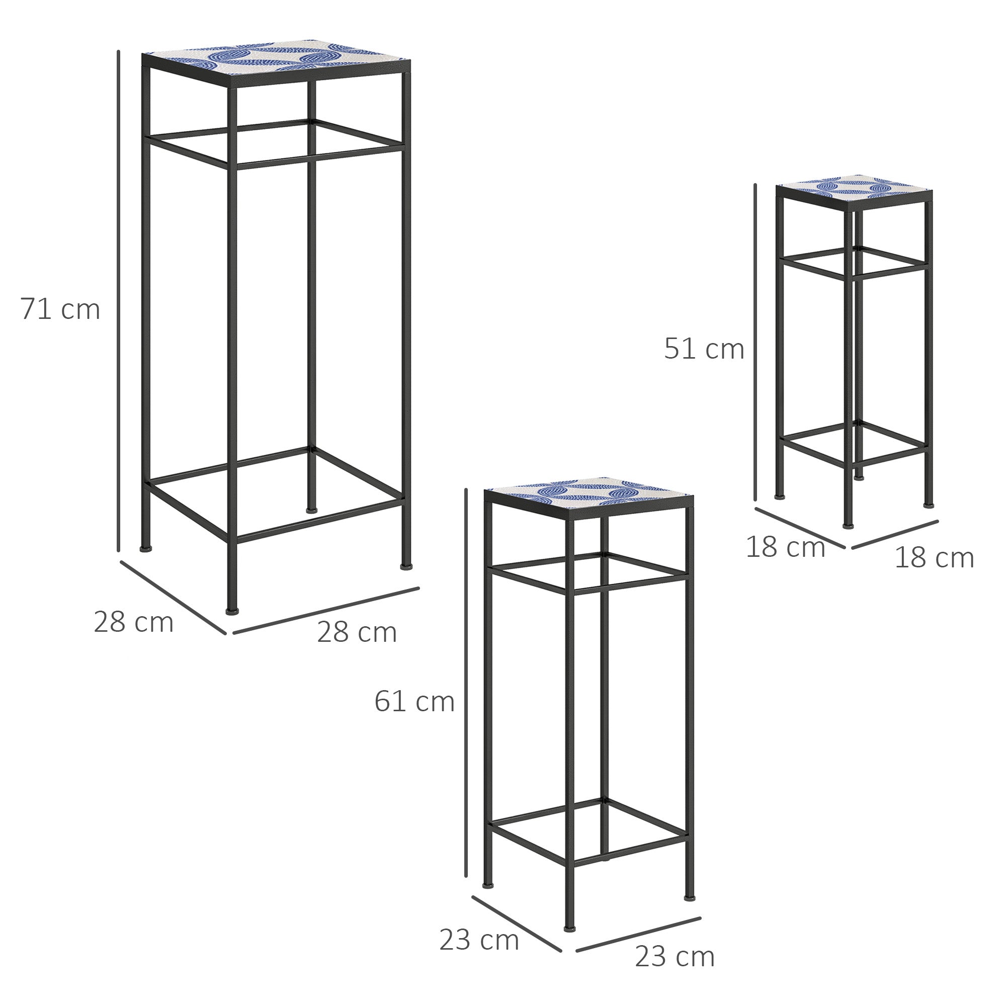 3-Piece Plant Stand, 71 cm Tall Flower Stand for Indoor, Metal Plant Shelf, 3 Different Sized Flower Rack, Flower Stool, Flower Pot Stand for Living Room Garden Balcony Blue+White