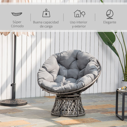Synthetic Rattan Swivel Papasan Chair Oval Wicker PE Chair with Cushion and Steel Frame Load 160 kg for Garden Patio Terrace 87x97x86 cm Gray