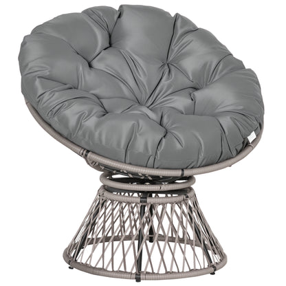 Synthetic Rattan Swivel Papasan Chair Oval Wicker PE Chair with Cushion and Steel Frame Load 160 kg for Garden Patio Terrace 87x97x86 cm Gray