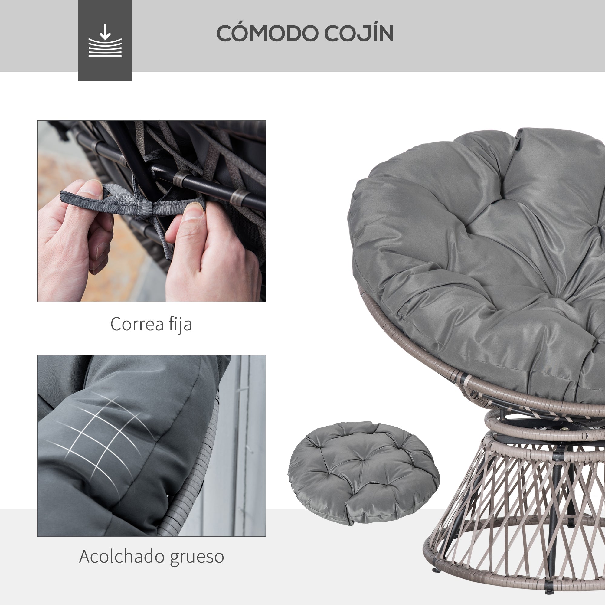 Synthetic Rattan Swivel Papasan Chair Oval Wicker PE Chair with Cushion and Steel Frame Load 160 kg for Garden Patio Terrace 87x97x86 cm Gray