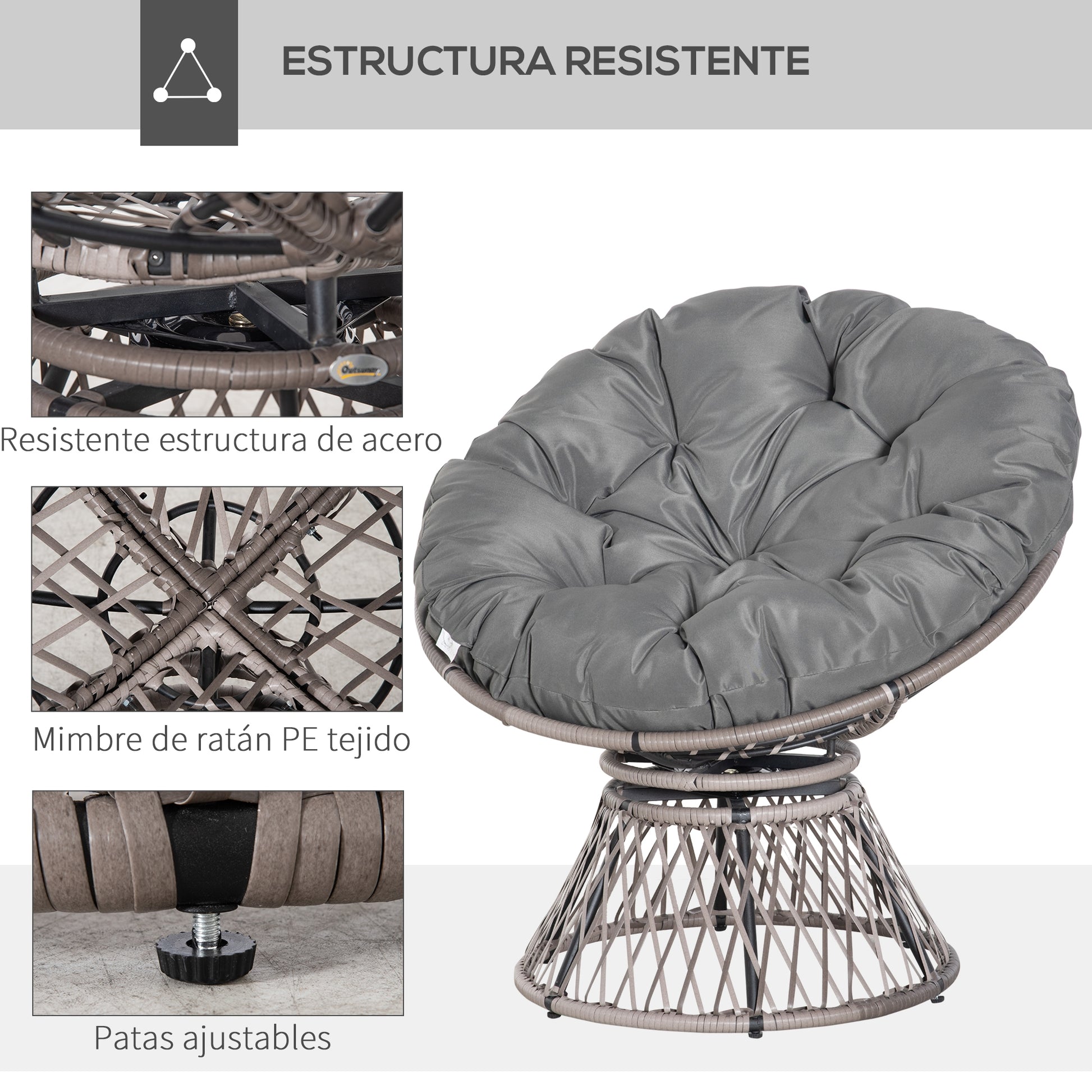 Synthetic Rattan Swivel Papasan Chair Oval Wicker PE Chair with Cushion and Steel Frame Load 160 kg for Garden Patio Terrace 87x97x86 cm Gray