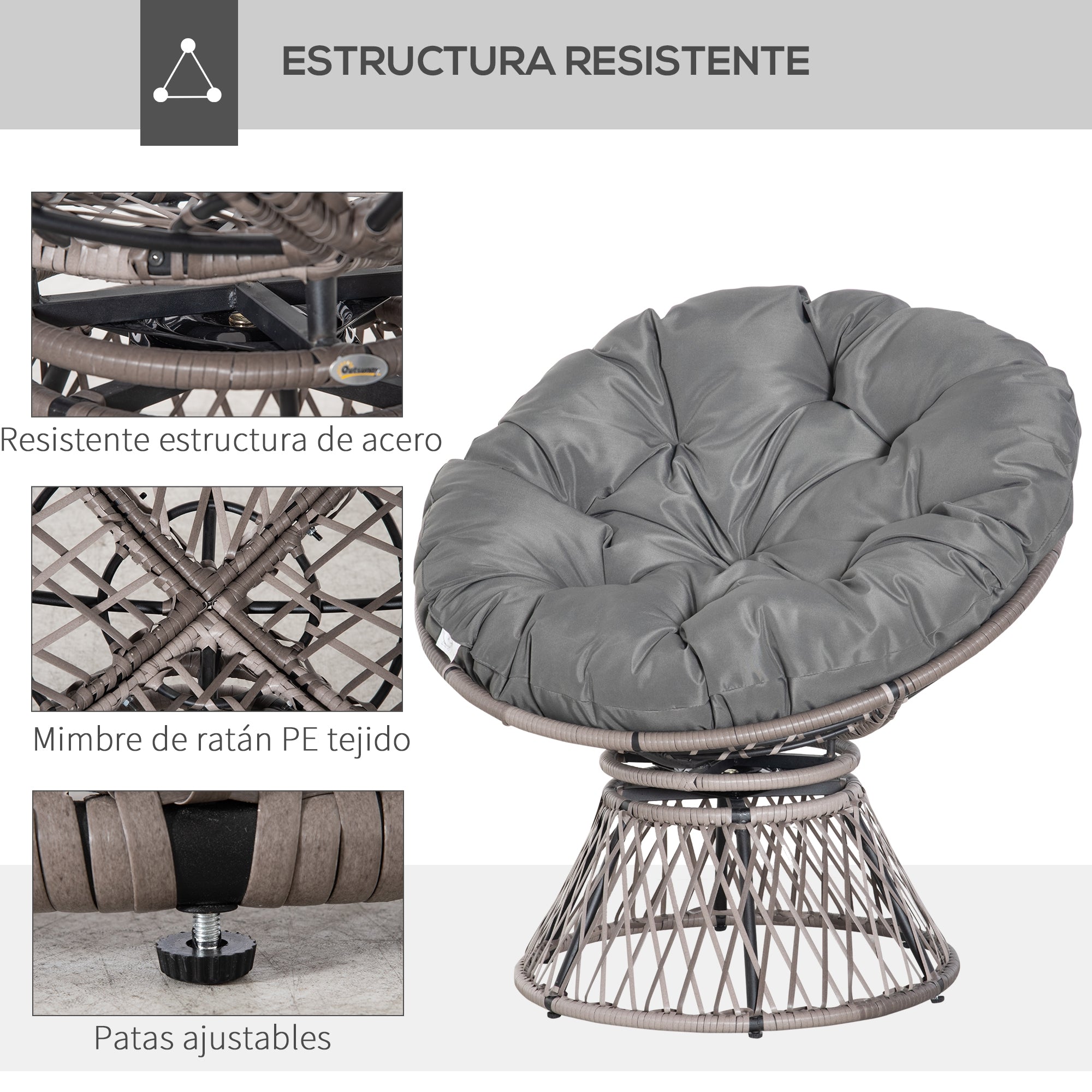 Synthetic Rattan Swivel Papasan Chair Oval Wicker PE Chair with Cushion and Steel Frame Load 160 kg for Garden Patio Terrace 87x97x86 cm Gray
