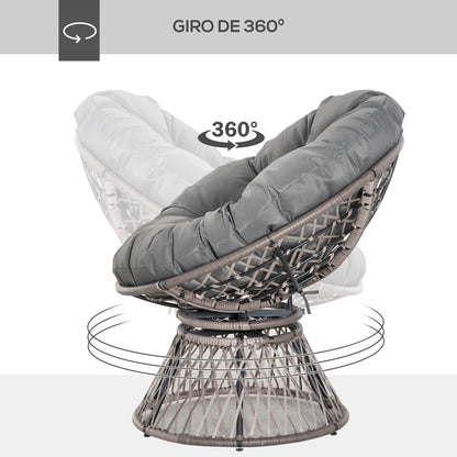 Synthetic Rattan Swivel Papasan Chair Oval Wicker PE Chair with Cushion and Steel Frame Load 160 kg for Garden Patio Terrace 87x97x86 cm Gray