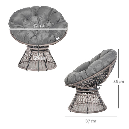 Synthetic Rattan Swivel Papasan Chair Oval Wicker PE Chair with Cushion and Steel Frame Load 160 kg for Garden Patio Terrace 87x97x86 cm Gray