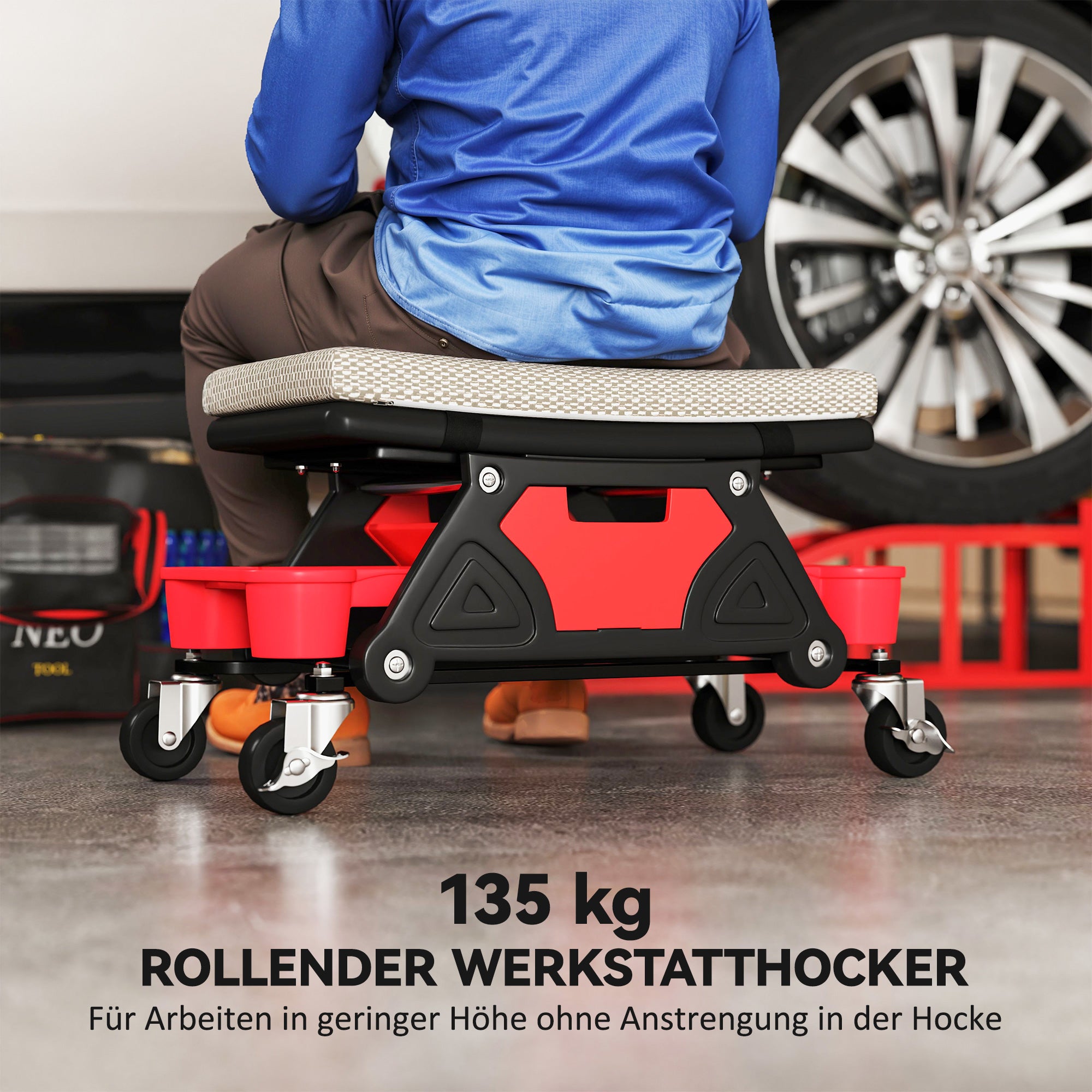 Workshop Stool with Wheels Storage Drawer 35cm High Rolling Stool Up to 135 kg Capacity Work Stool Rolling Seat Workshop Stool for Workshop Gray
