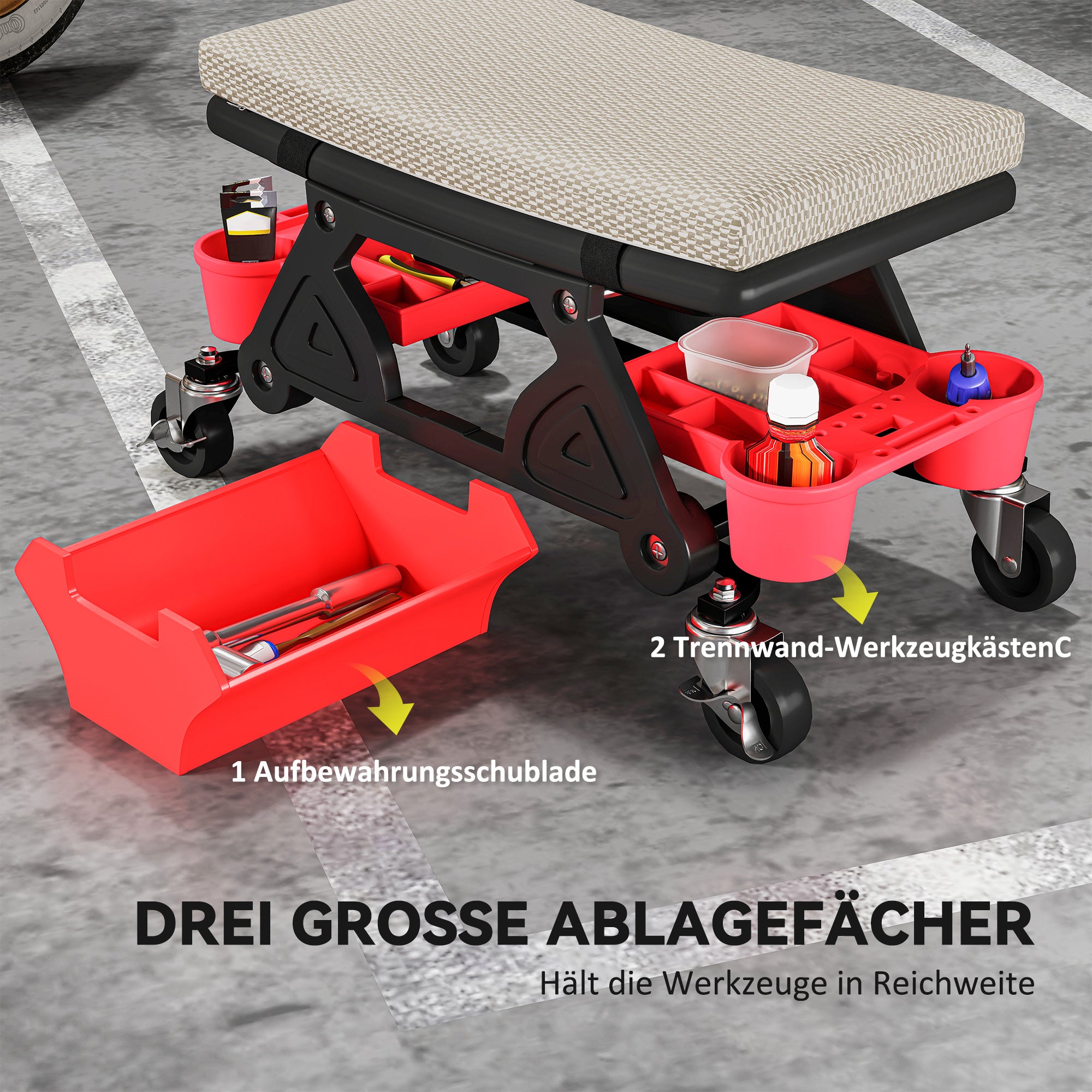 Workshop Stool with Wheels Storage Drawer 35cm High Rolling Stool Up to 135 kg Capacity Work Stool Rolling Seat Workshop Stool for Workshop Gray