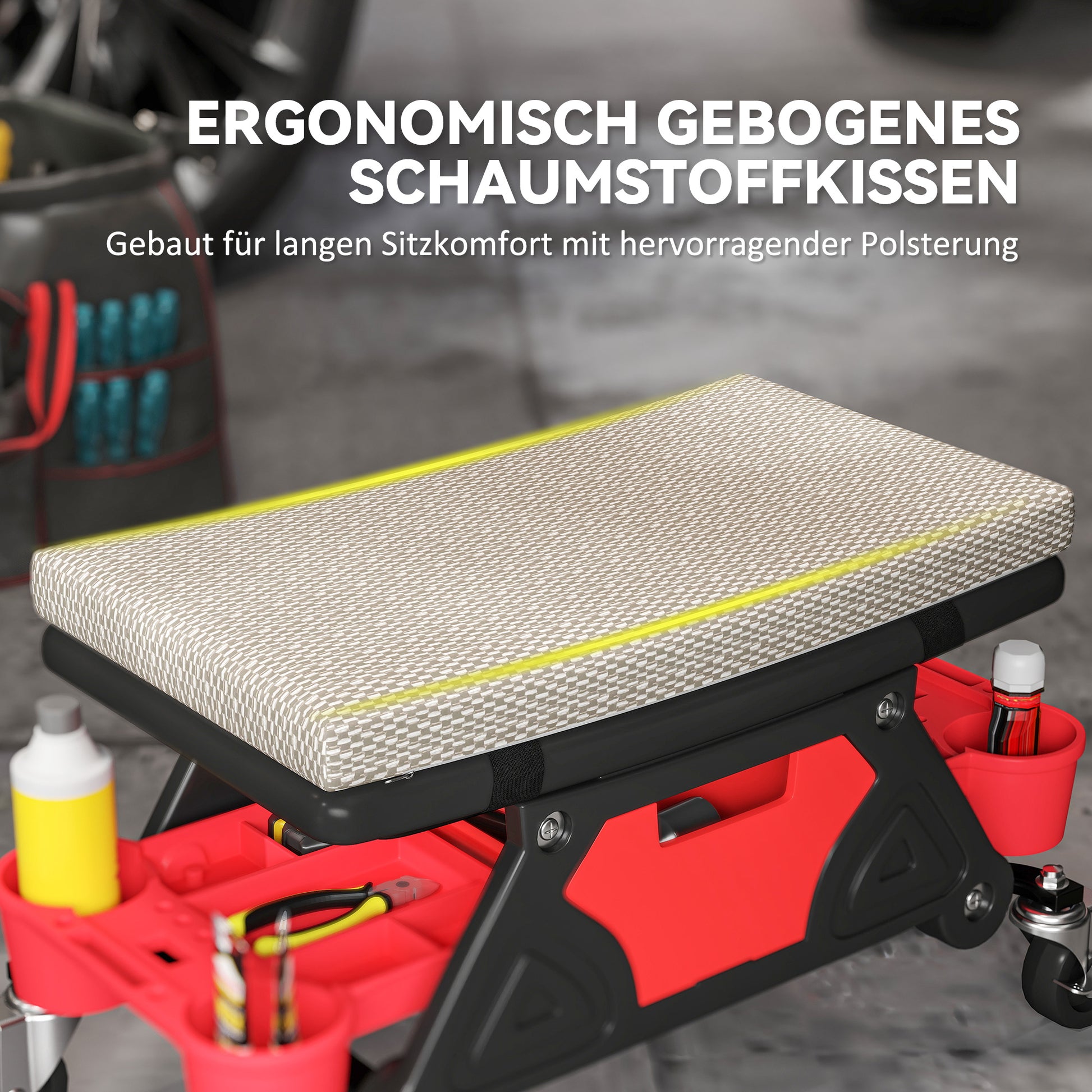 Workshop Stool with Wheels Storage Drawer 35cm High Rolling Stool Up to 135 kg Capacity Work Stool Rolling Seat Workshop Stool for Workshop Gray