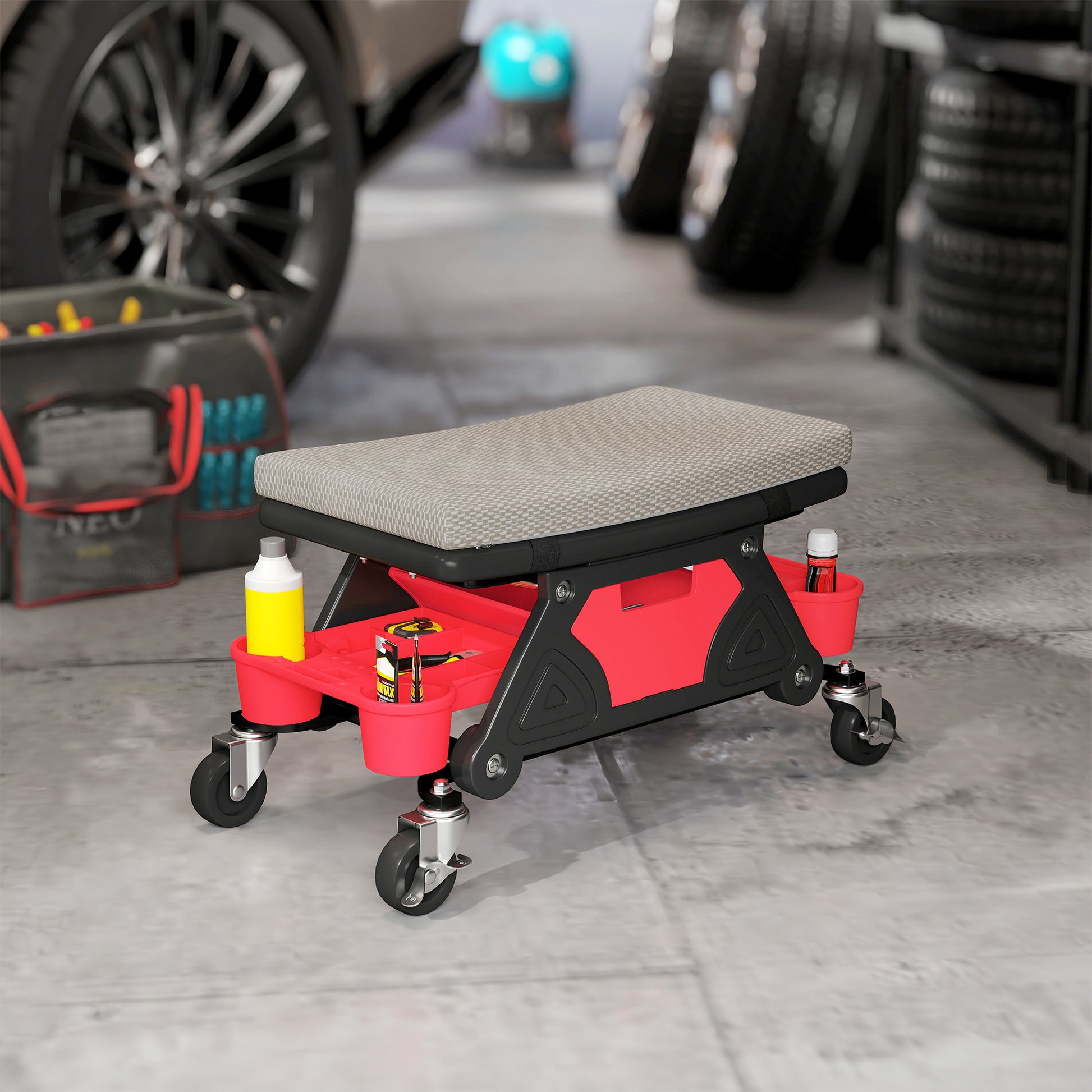 Workshop Stool with Wheels Storage Drawer 35cm High Rolling Stool Up to 135 kg Capacity Work Stool Rolling Seat Workshop Stool for Workshop Gray