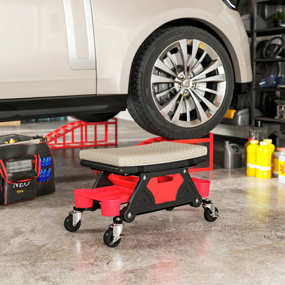 Workshop Stool with Wheels Storage Drawer 35cm High Rolling Stool Up to 135 kg Capacity Work Stool Rolling Seat Workshop Stool for Workshop Gray