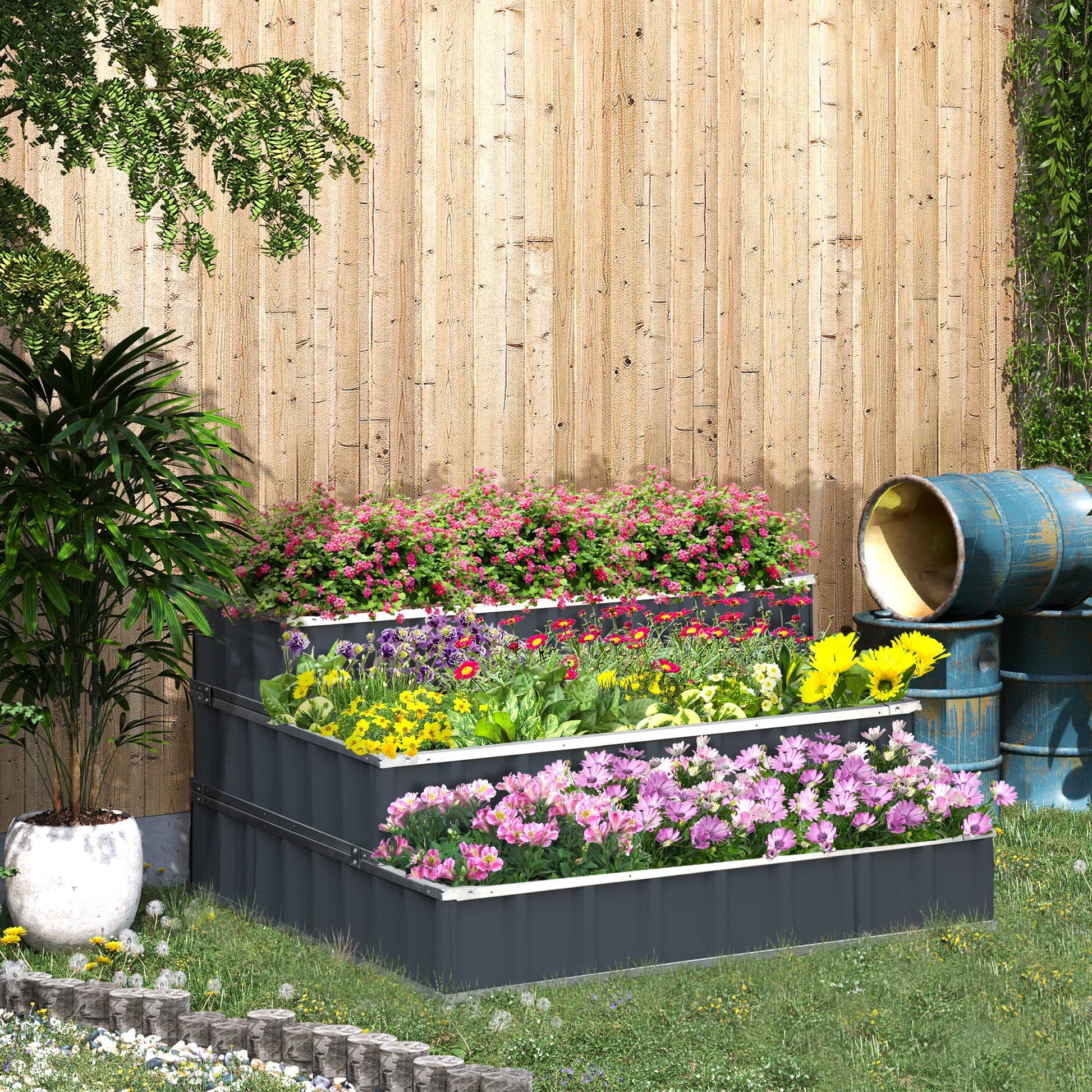 Steel Raised Garden Bed 3-Tier Garden Planter with T-Shape Plant Markers Gloves Planting Bed Herb Bed Flower Steps for Balcony Garden Dark Gray 118 x 118 x 62 cm