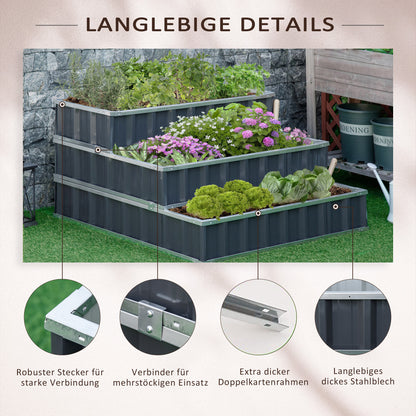 Steel Raised Garden Bed 3-Tier Garden Planter with T-Shape Plant Markers Gloves Planting Bed Herb Bed Flower Steps for Balcony Garden Dark Gray 118 x 118 x 62 cm