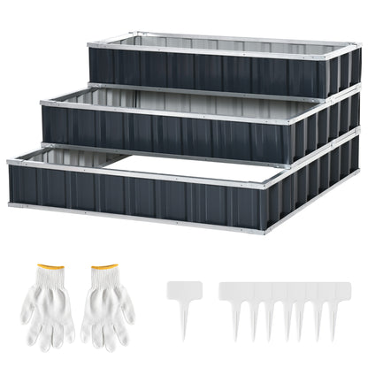 Steel Raised Garden Bed 3-Tier Garden Planter with T-Shape Plant Markers Gloves Planting Bed Herb Bed Flower Steps for Balcony Garden Dark Gray 118 x 118 x 62 cm