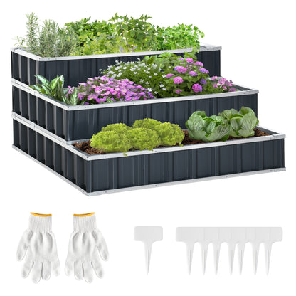 Steel Raised Garden Bed 3-Tier Garden Planter with T-Shape Plant Markers Gloves Planting Bed Herb Bed Flower Steps for Balcony Garden Dark Gray 118 x 118 x 62 cm