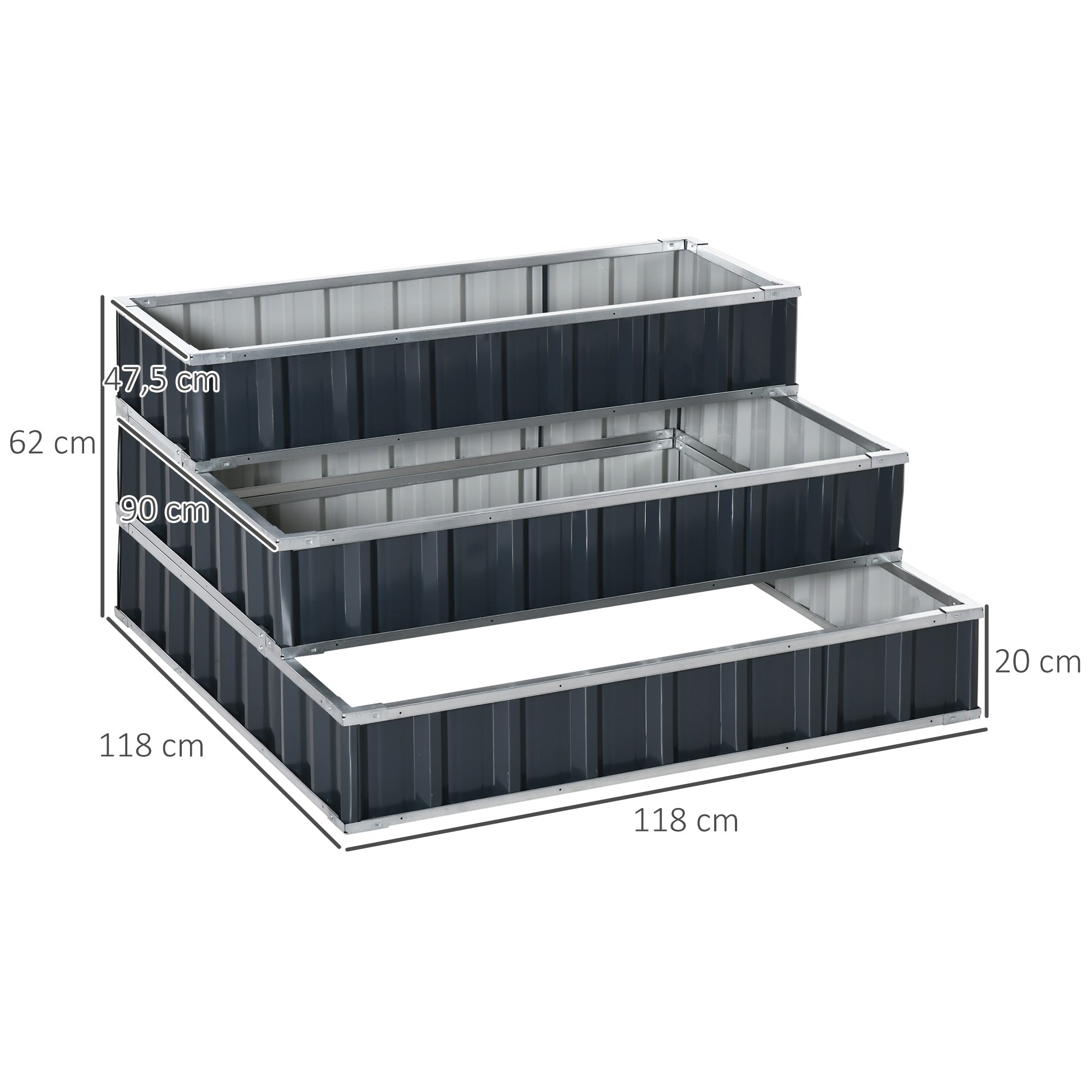 Steel Raised Garden Bed 3-Tier Garden Planter with T-Shape Plant Markers Gloves Planting Bed Herb Bed Flower Steps for Balcony Garden Dark Gray 118 x 118 x 62 cm